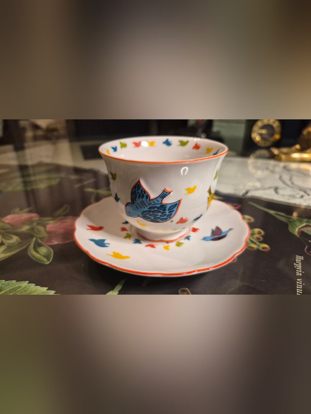 Grace Ceramic Pet Bowl with Yellow Bird and Multicolor Accents